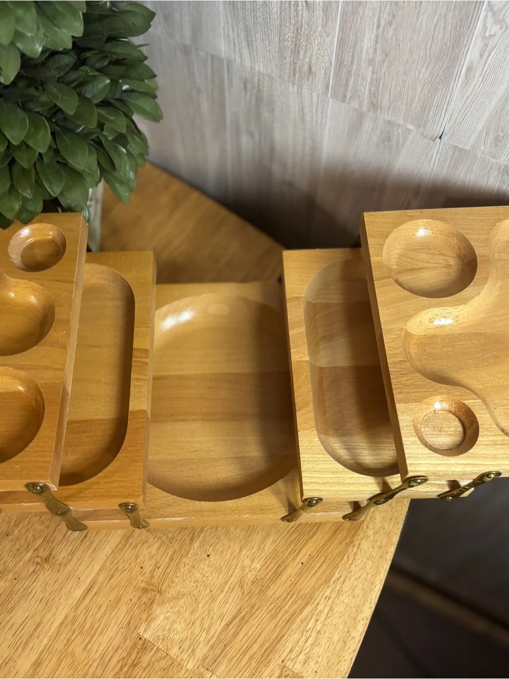 Vintage Expandable Wooden Relish Tray Mid-Century Snack Server Folding Tray